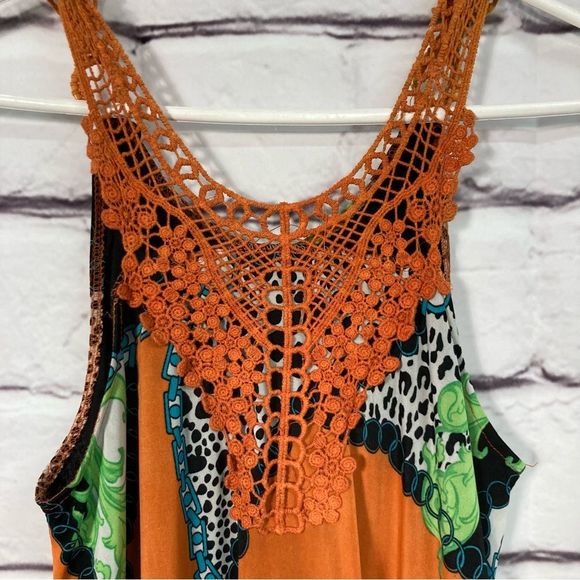 Paris Paris Maxi Dress SZ L Lined Bold Abstract Animal Print Orange Blue Crochet - Picture 5 of 12